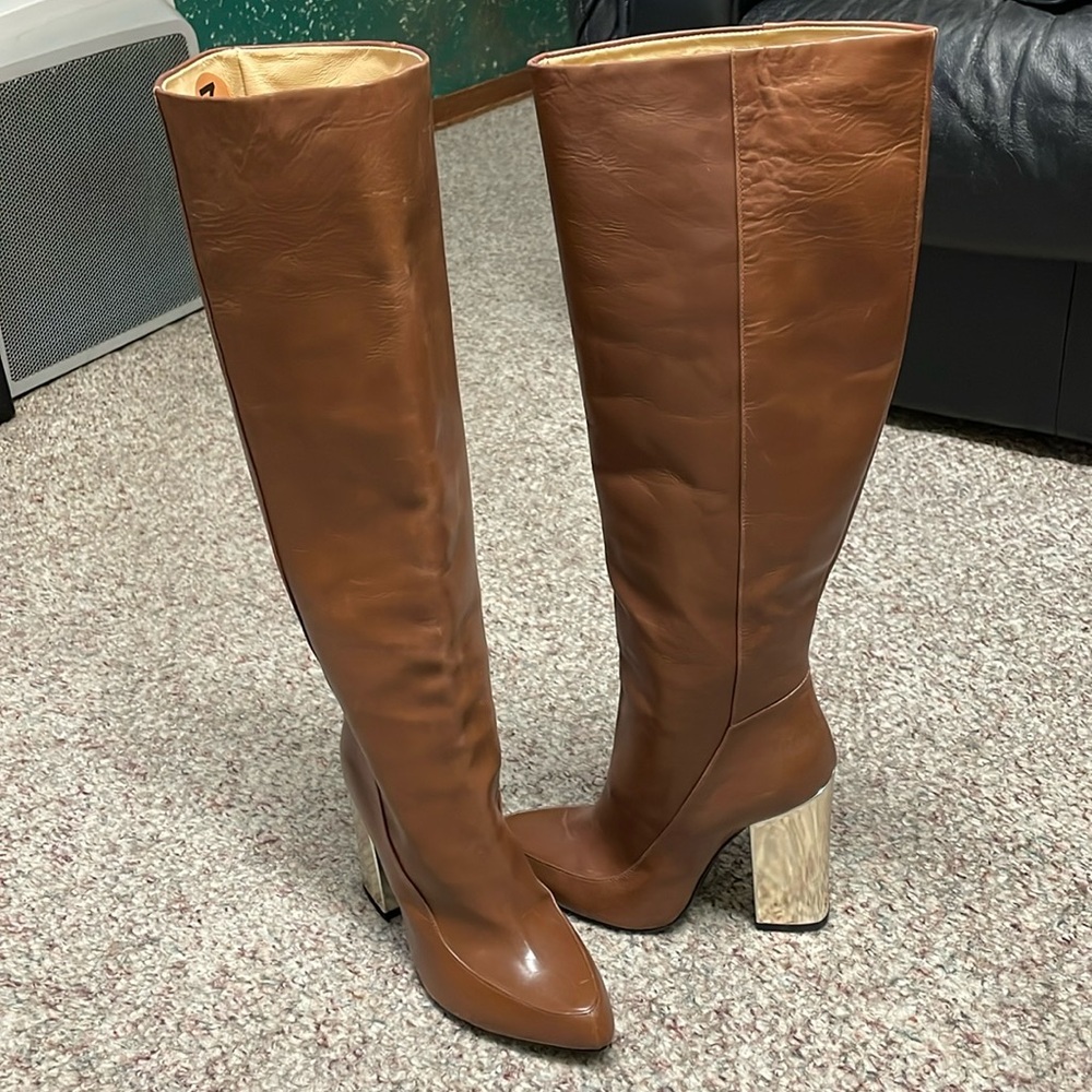 Eugenia Kim leather high silver heeled boots- new